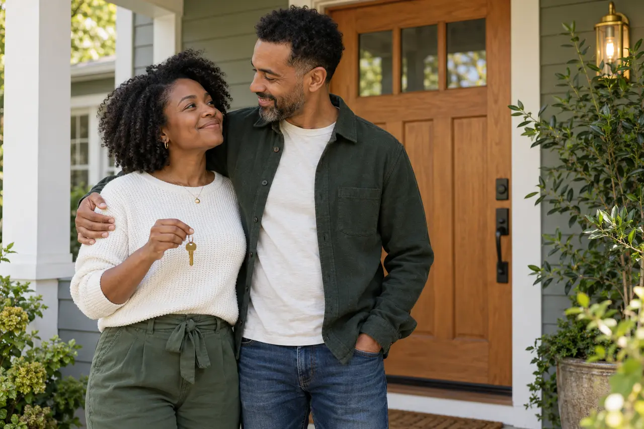 Illustrative scene of a couple holding a house key on their porch.