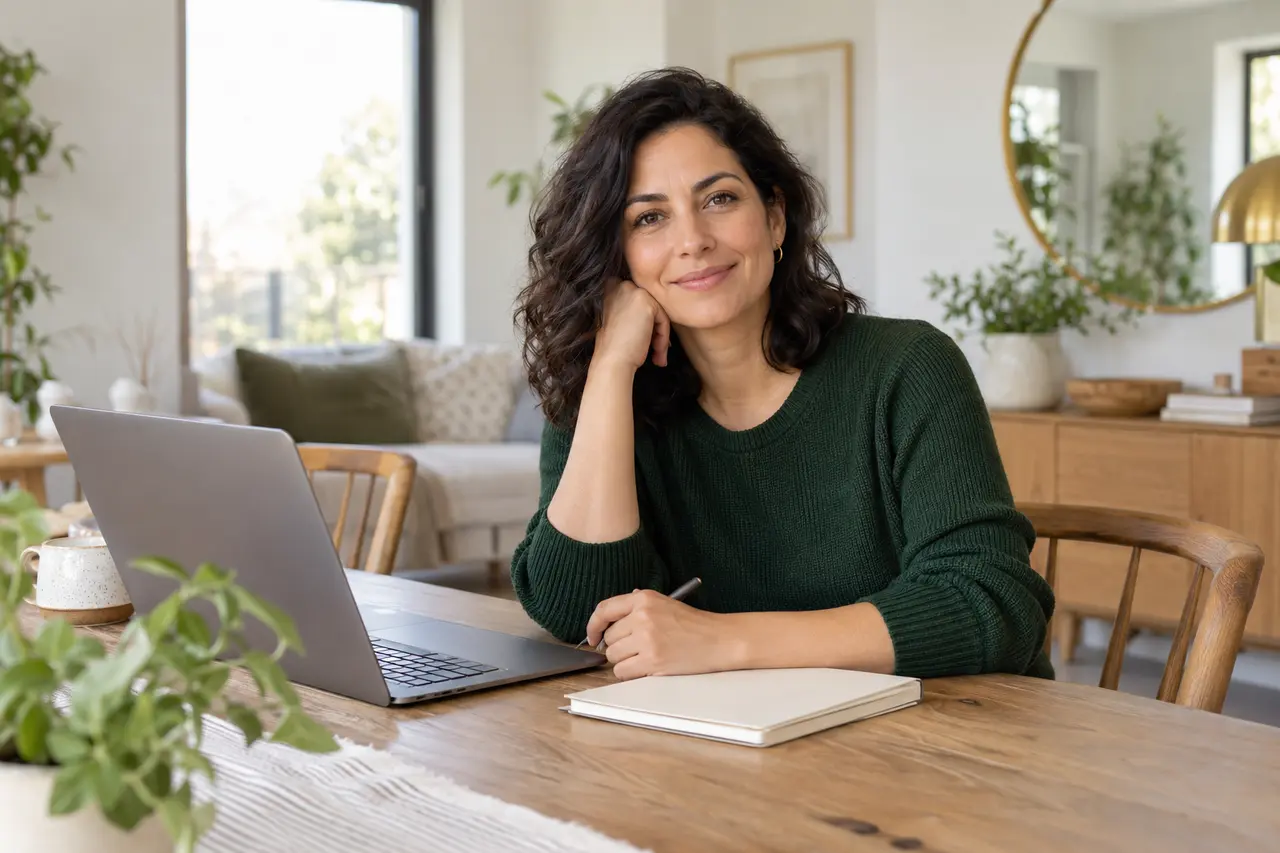 Illustrative scene of a woman with her laptop and notebook at home.