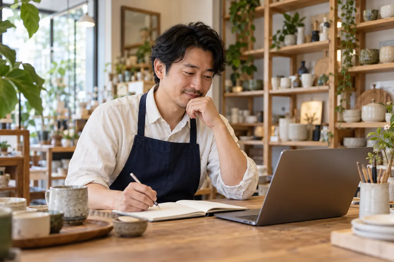 Illustrative scene of a shop owner working through a plan at the counter.